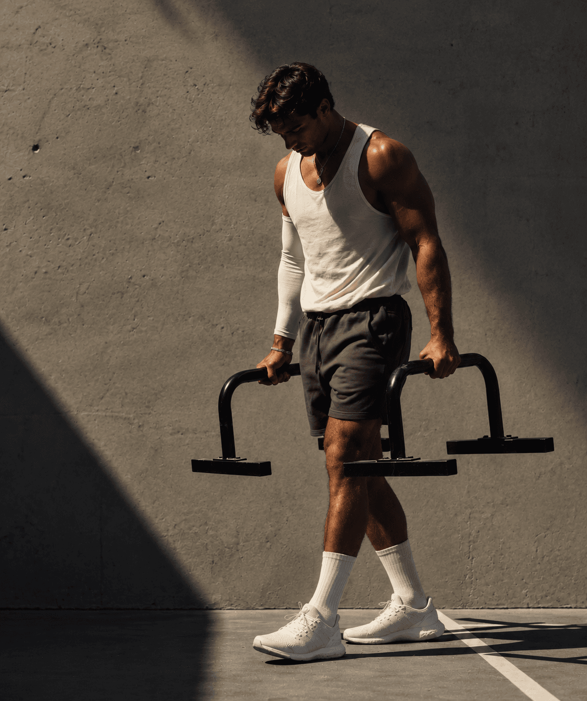 An athlete walking with parallettes in hand between sets in a dark warehouse gym